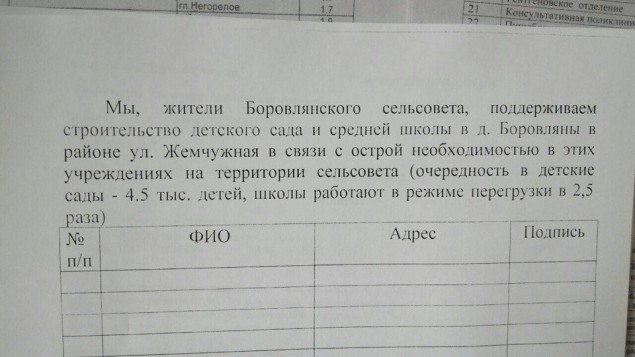 Фотофакт: подписные листы о сборе подписей за строительство школы и детского сада по улице Жемчужной.